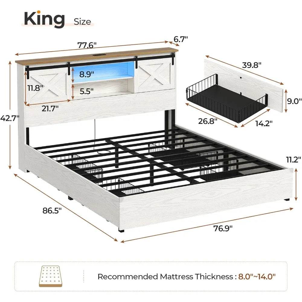Farmhouse Bed Frame King Size with 4 Storage Drawers, Wooden Platform King Beds with Charging Station and LED Lights - Sleep Galleria
