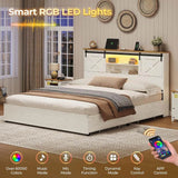 Farmhouse Bed Frame King Size with 4 Storage Drawers, Wooden Platform King Beds with Charging Station and LED Lights - Sleep Galleria