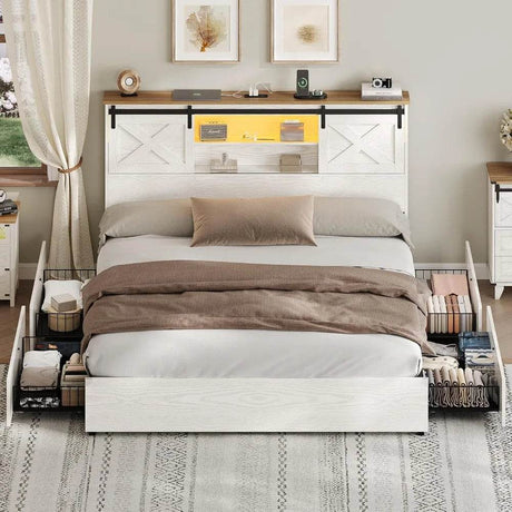 Farmhouse Bed Frame King Size with 4 Storage Drawers, Wooden Platform King Beds with Charging Station and LED Lights - Sleep Galleria - Sleep Galleria