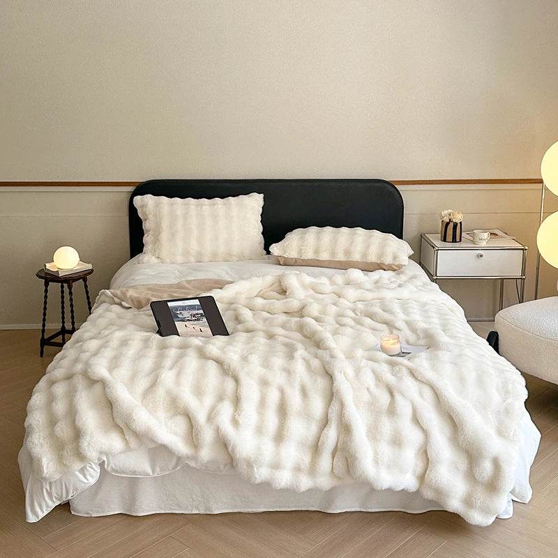Faux Fur Throw Blanket for Couch, Cozy Warm Plush Striped Blanket for Sofa Bedroom Living Room, All Season Use - Sleep Galleria