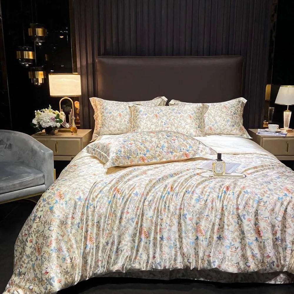 Floral Duvet Cover King Size, with Flat Sheet, 4 Pieces Satin Soft Bedding, 1 Breathable Duvet Cover 104x90 Inches, Bedding Set - Sleep Galleria - Sleep Galleria