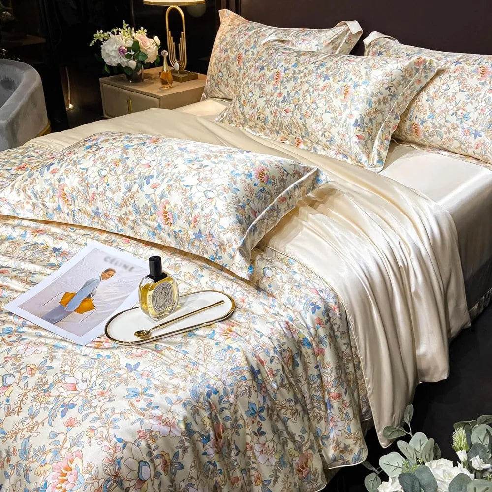Floral Duvet Cover King Size, with Flat Sheet, 4 Pieces Satin Soft Bedding, 1 Breathable Duvet Cover 104x90 Inches, Bedding Set - Sleep Galleria - Sleep Galleria