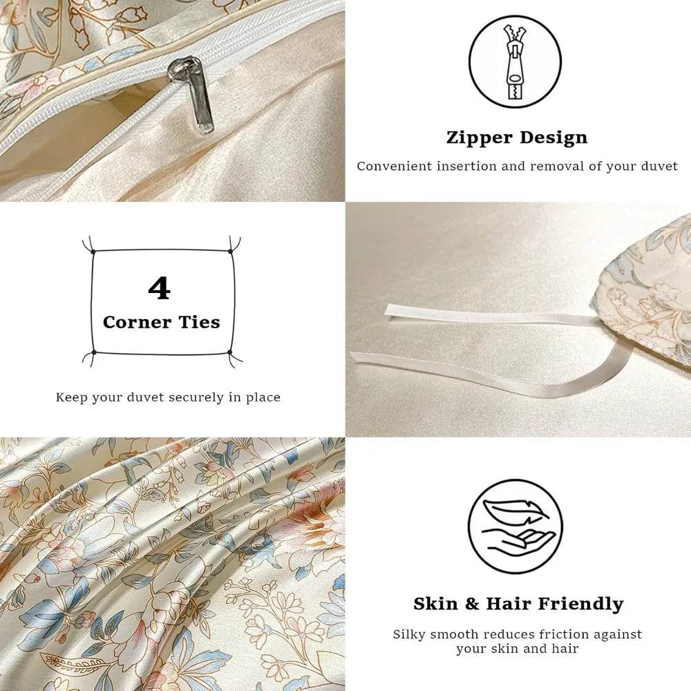 Floral Duvet Cover King Size, with Flat Sheet, 4 Pieces Satin Soft Bedding, 1 Breathable Duvet Cover 104x90 Inches, Bedding Set - Sleep Galleria - Sleep Galleria