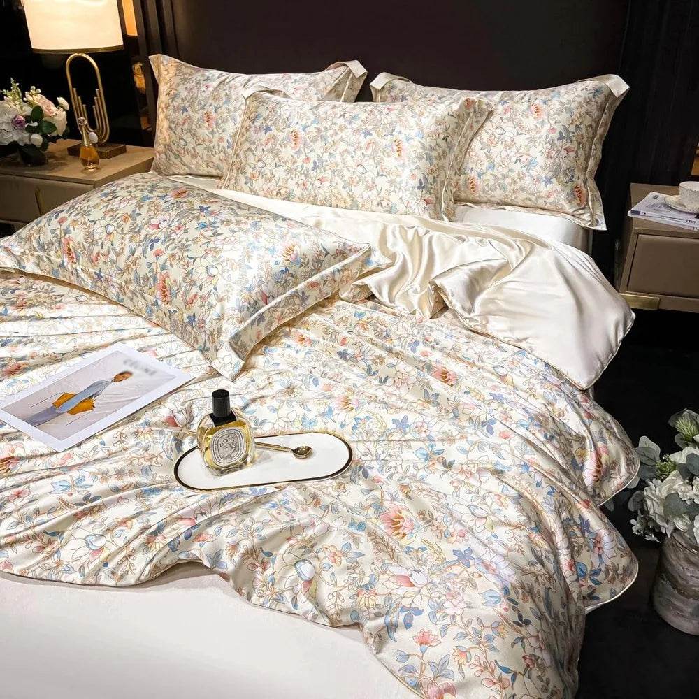 Floral Duvet Cover King Size, with Flat Sheet, 4 Pieces Satin Soft Bedding, 1 Breathable Duvet Cover 104x90 Inches, Bedding Set - Sleep Galleria - Sleep Galleria