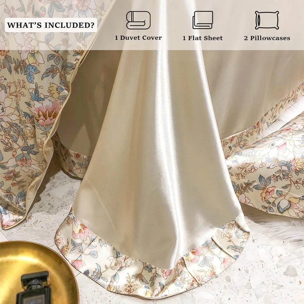 Floral Duvet Cover King Size, with Flat Sheet, 4 Pieces Satin Soft Bedding, 1 Breathable Duvet Cover 104x90 Inches, Bedding Set - Sleep Galleria - Sleep Galleria