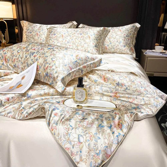 Floral Duvet Cover King Size, with Flat Sheet, 4 Pieces Satin Soft Bedding, 1 Breathable Duvet Cover 104x90 Inches, Bedding Set - Sleep Galleria - Sleep Galleria