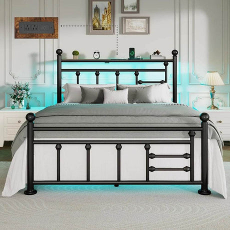 Full Bed Frame with Charging Station & LED Lights, Noise Free Metal Platform Full Size Bed Frames with Victorian Headboard and S - Sleep Galleria - Sleep Galleria