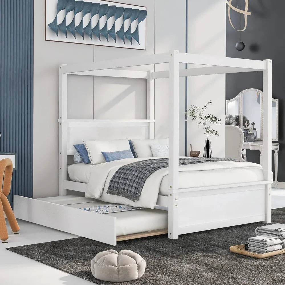 Full Size Canopy Bed with Trundle and Headboard, Solid Wood Four Poster Bed Frame with Support Slats, Wood Canopy Platform Bed f - Sleep Galleria - Sleep Galleria