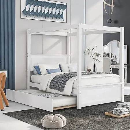 Full Size Canopy Bed with Trundle and Headboard, Solid Wood Four Poster Bed Frame with Support Slats, Wood Canopy Platform Bed f - Sleep Galleria - Sleep Galleria
