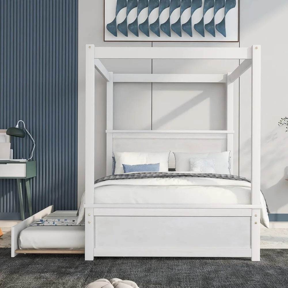 Full Size Canopy Bed with Trundle and Headboard, Solid Wood Four Poster Bed Frame with Support Slats, Wood Canopy Platform Bed f - Sleep Galleria - Sleep Galleria