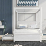 Full Size Canopy Bed with Trundle and Headboard, Solid Wood Four Poster Bed Frame with Support Slats, Wood Canopy Platform Bed f - Sleep Galleria - Sleep Galleria