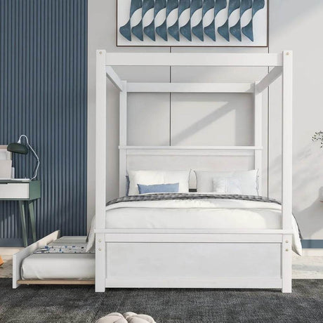 Full Size Canopy Bed with Trundle and Headboard, Solid Wood Four Poster Bed Frame with Support Slats, Wood Canopy Platform Bed f - Sleep Galleria