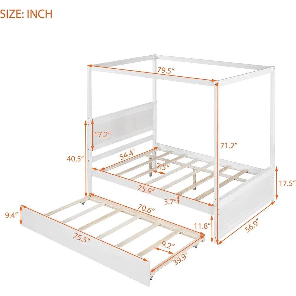 Full Size Canopy Bed with Trundle and Headboard, Solid Wood Four Poster Bed Frame with Support Slats, Wood Canopy Platform Bed f - Sleep Galleria - Sleep Galleria