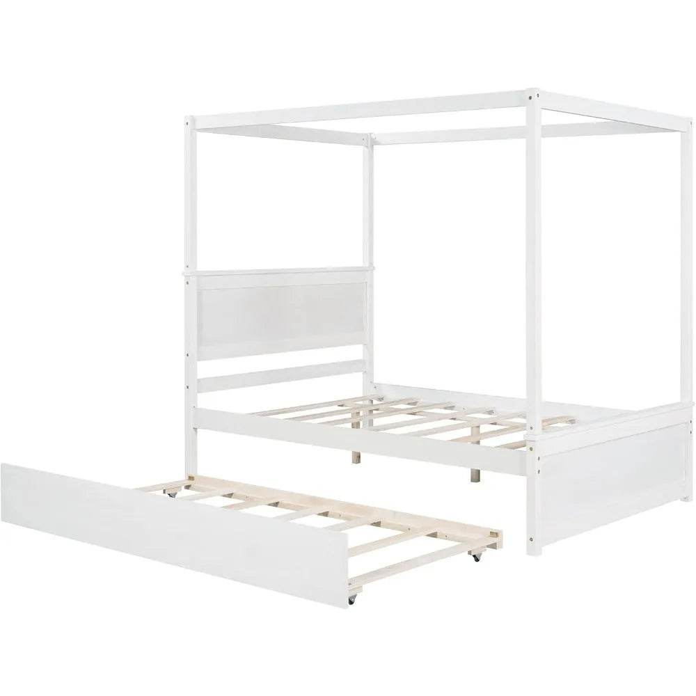Full Size Canopy Bed with Trundle and Headboard, Solid Wood Four Poster Bed Frame with Support Slats, Wood Canopy Platform Bed f - Sleep Galleria - Sleep Galleria