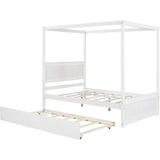 Full Size Canopy Bed with Trundle and Headboard, Solid Wood Four Poster Bed Frame with Support Slats, Wood Canopy Platform Bed f - Sleep Galleria - Sleep Galleria