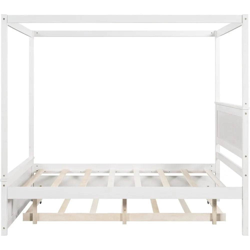 Full Size Canopy Bed with Trundle and Headboard, Solid Wood Four Poster Bed Frame with Support Slats, Wood Canopy Platform Bed f - Sleep Galleria - Sleep Galleria