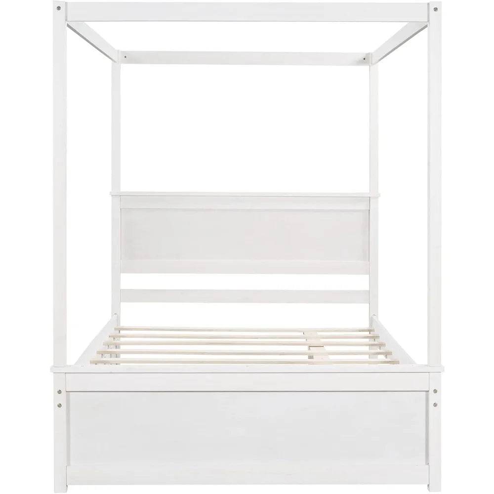 Full Size Canopy Bed with Trundle and Headboard, Solid Wood Four Poster Bed Frame with Support Slats, Wood Canopy Platform Bed f - Sleep Galleria - Sleep Galleria