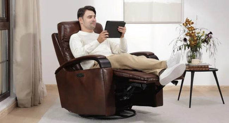 Genuine Leather Power Swivel Glider Rocker Recliner, Adjustable Power Headrest, Wooden Armrest, Certified Recliner Chair Sofa - Sleep Galleria - Sleep Galleria