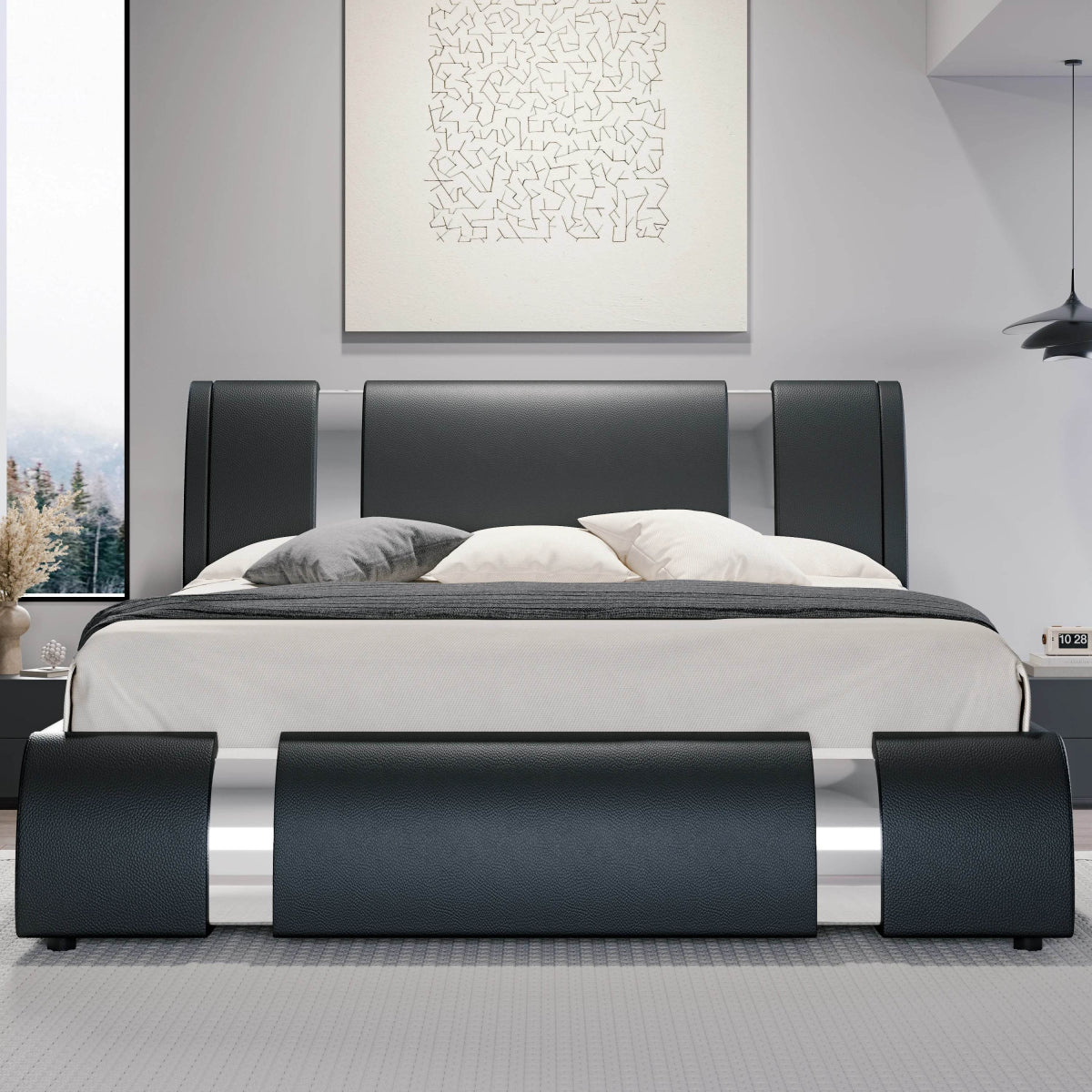HOOMIC Modern Faux Leather Bed Frame with Iron Pieces Decor, Low Profile Platform Bed with Height - Adjustable Headboard - Sleep Galleria - Sleep Galleria