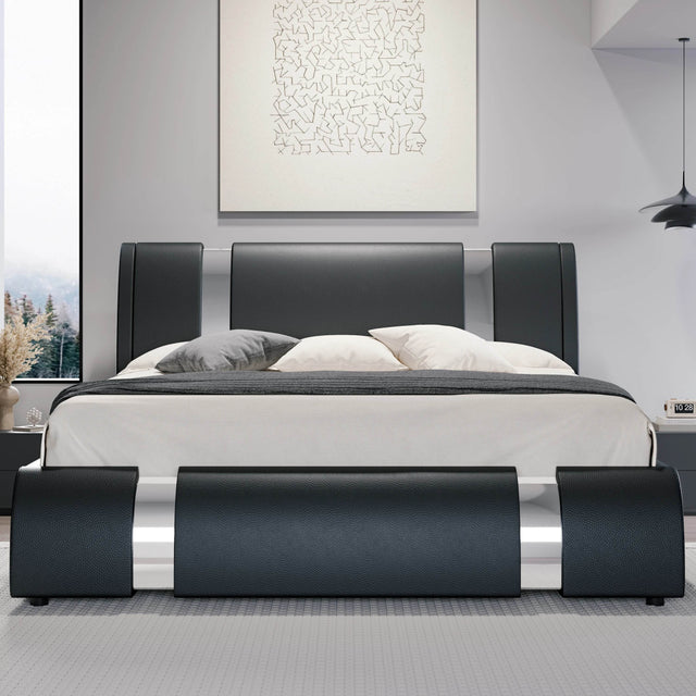 HOOMIC Modern Faux Leather Bed Frame with Iron Pieces Decor, Low Profile Platform Bed with Height - Adjustable Headboard - Sleep Galleria - Sleep Galleria