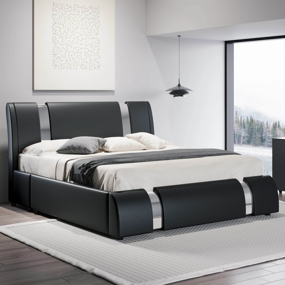 HOOMIC Modern Faux Leather Bed Frame with Iron Pieces Decor, Low Profile Platform Bed with Height - Adjustable Headboard - Sleep Galleria - Sleep Galleria