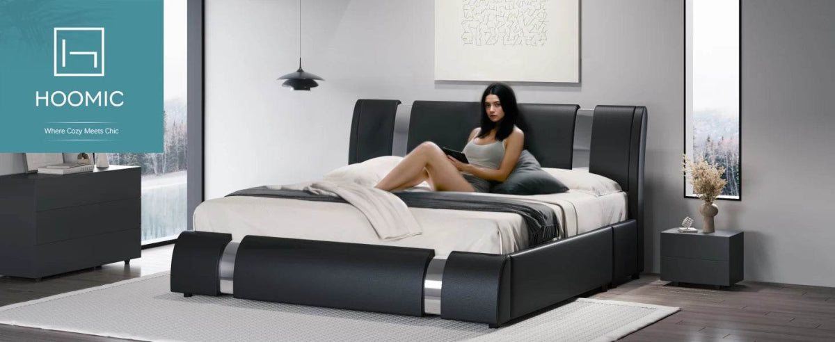 HOOMIC Modern Faux Leather Bed Frame with Iron Pieces Decor, Low Profile Platform Bed with Height - Adjustable Headboard - Sleep Galleria - Sleep Galleria