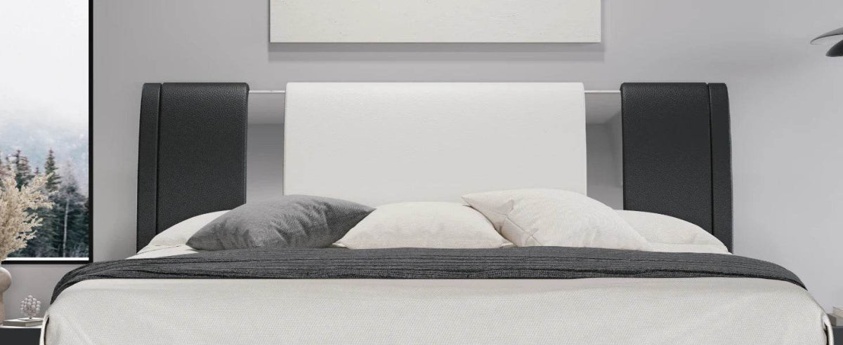 HOOMIC Modern Faux Leather Bed Frame with Iron Pieces Decor, Low Profile Platform Bed with Height - Adjustable Headboard - Sleep Galleria - Sleep Galleria