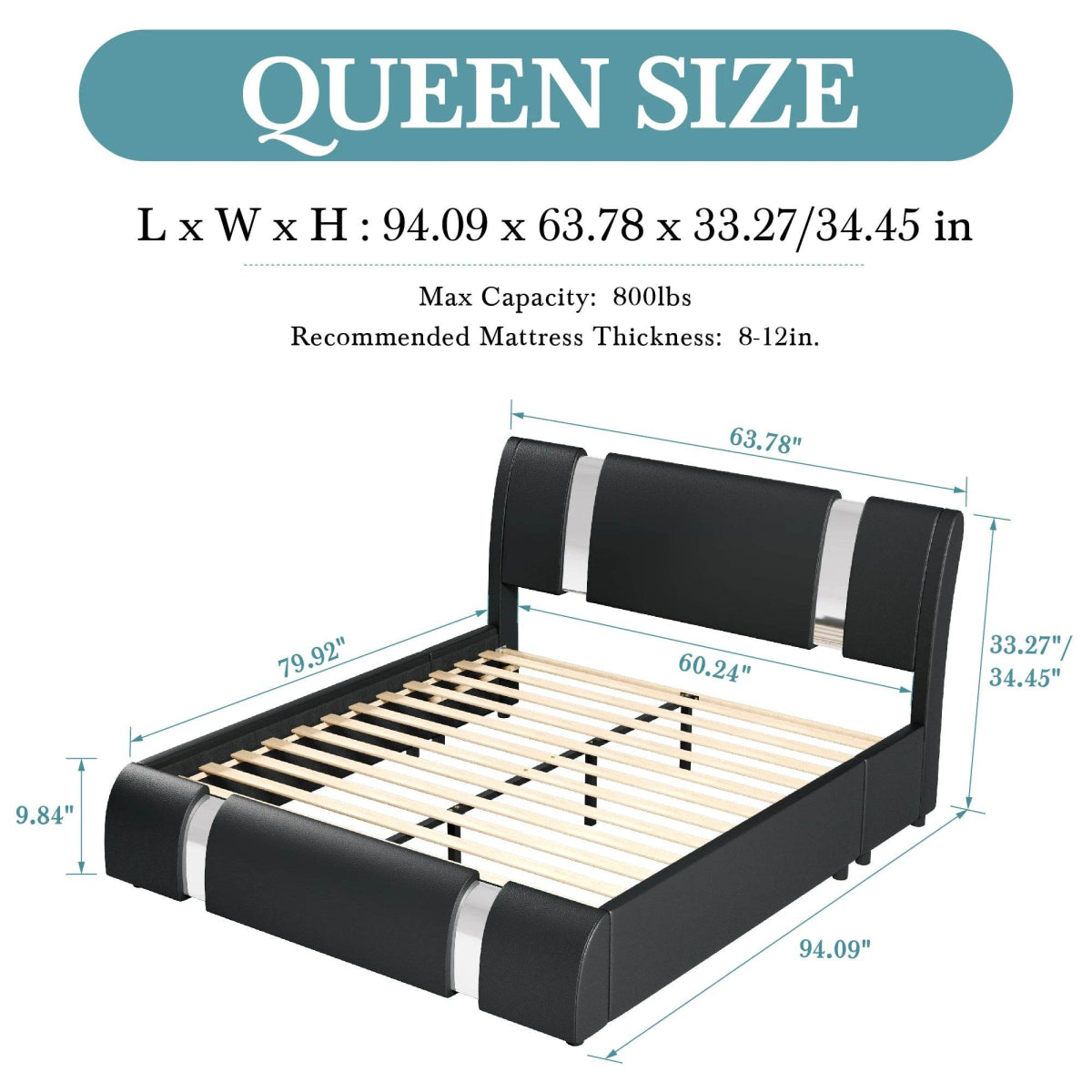 HOOMIC Modern Faux Leather Bed Frame with Iron Pieces Decor, Low Profile Platform Bed with Height - Adjustable Headboard - Sleep Galleria - Sleep Galleria