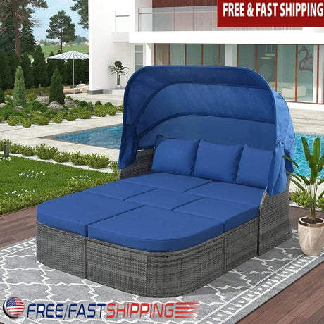 Outdoor Rattan Sectional Daybed Sunbed with Canopy Patio Conversation Sofa Set Waterproof Cushions Modular Design Garden Pool - Sleep Galleria - Sleep Galleria