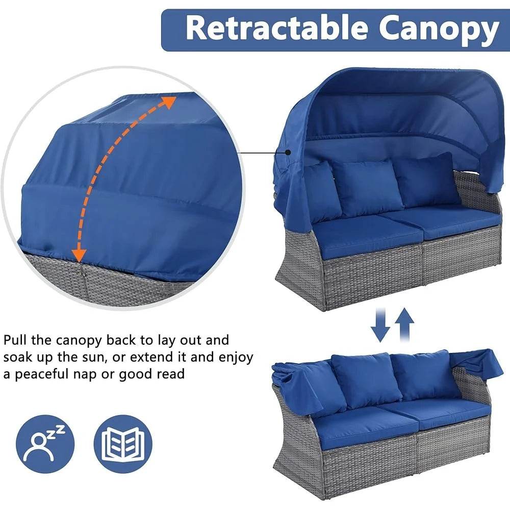 Outdoor Rattan Sectional Daybed Sunbed with Canopy Patio Conversation Sofa Set Waterproof Cushions Modular Design Garden Pool - Sleep Galleria - Sleep Galleria