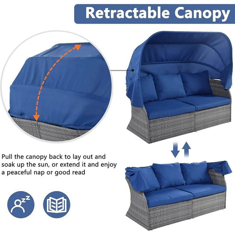 Outdoor Rattan Sectional Daybed Sunbed with Canopy Patio Conversation Sofa Set Waterproof Cushions Modular Design Garden Pool - Sleep Galleria - Sleep Galleria