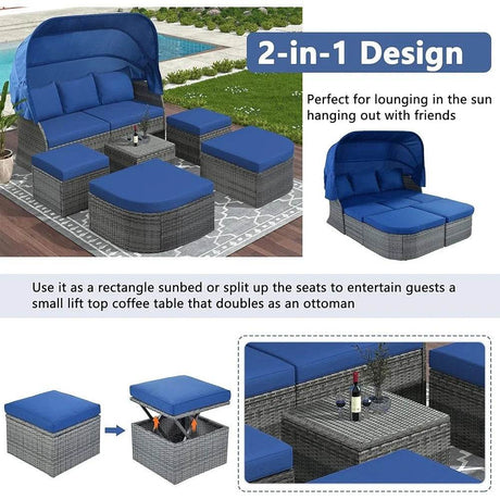Outdoor Rattan Sectional Daybed Sunbed with Canopy Patio Conversation Sofa Set Waterproof Cushions Modular Design Garden Pool - Sleep Galleria - Sleep Galleria