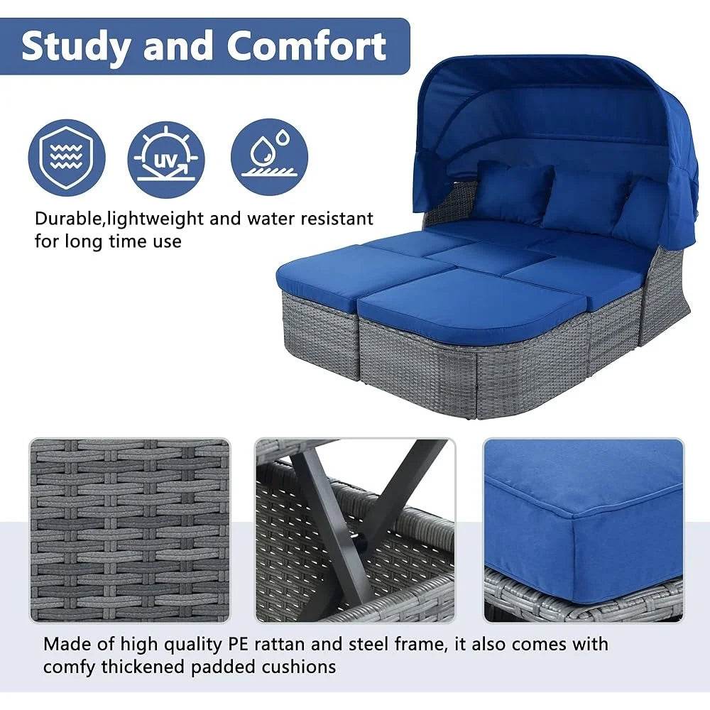 Outdoor Rattan Sectional Daybed Sunbed with Canopy Patio Conversation Sofa Set Waterproof Cushions Modular Design Garden Pool - Sleep Galleria - Sleep Galleria