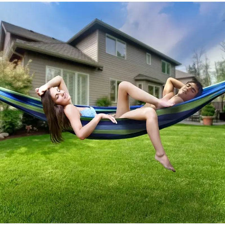 Portable Outdoor Hammock for Garden, Balcony & Backyard - Breathable Anti - Rollover Design, Stable Knots, Blue & Green Striped Fa - Sleep Galleria - Sleep Galleria