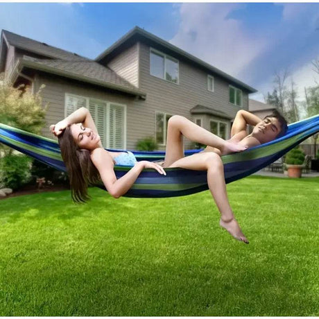 Portable Outdoor Hammock for Garden, Balcony & Backyard - Breathable Anti - Rollover Design, Stable Knots, Blue & Green Striped Fa - Sleep Galleria - Sleep Galleria