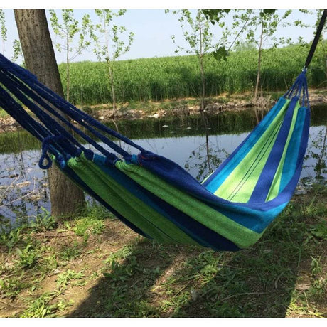 Portable Outdoor Hammock for Garden, Balcony & Backyard - Breathable Anti - Rollover Design, Stable Knots, Blue & Green Striped Fa - Sleep Galleria - Sleep Galleria