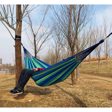 Portable Outdoor Hammock for Garden, Balcony & Backyard - Breathable Anti - Rollover Design, Stable Knots, Blue & Green Striped Fa - Sleep Galleria - Sleep Galleria