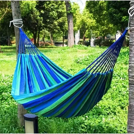 Portable Outdoor Hammock for Garden, Balcony & Backyard - Breathable Anti - Rollover Design, Stable Knots, Blue & Green Striped Fa - Sleep Galleria - Sleep Galleria