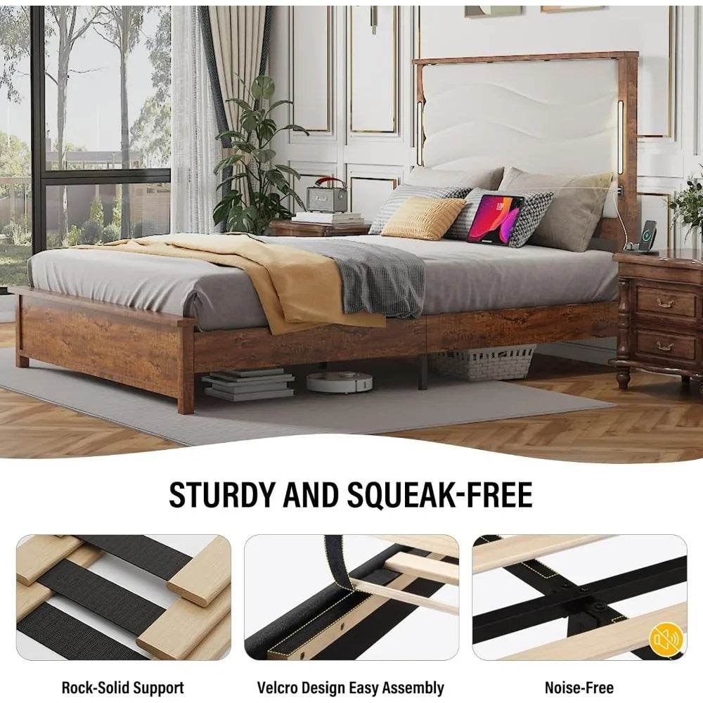 Tall Headboard Queen Bed Frame, Storage&Led Lights & Charging Station, Noise - Free/No Box Spring Needed, Metal Platform Bed Frame - Sleep Galleria - Sleep Galleria
