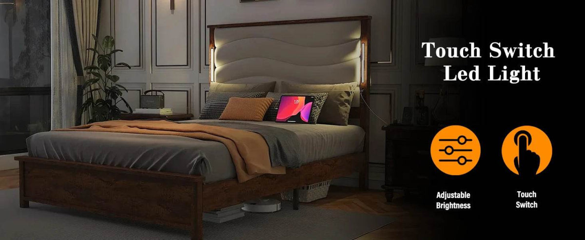 Tall Headboard Queen Bed Frame, Storage&Led Lights & Charging Station, Noise - Free/No Box Spring Needed, Metal Platform Bed Frame - Sleep Galleria - Sleep Galleria