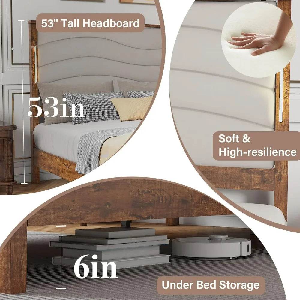 Tall Headboard Queen Bed Frame, Storage&Led Lights & Charging Station, Noise - Free/No Box Spring Needed, Metal Platform Bed Frame - Sleep Galleria - Sleep Galleria
