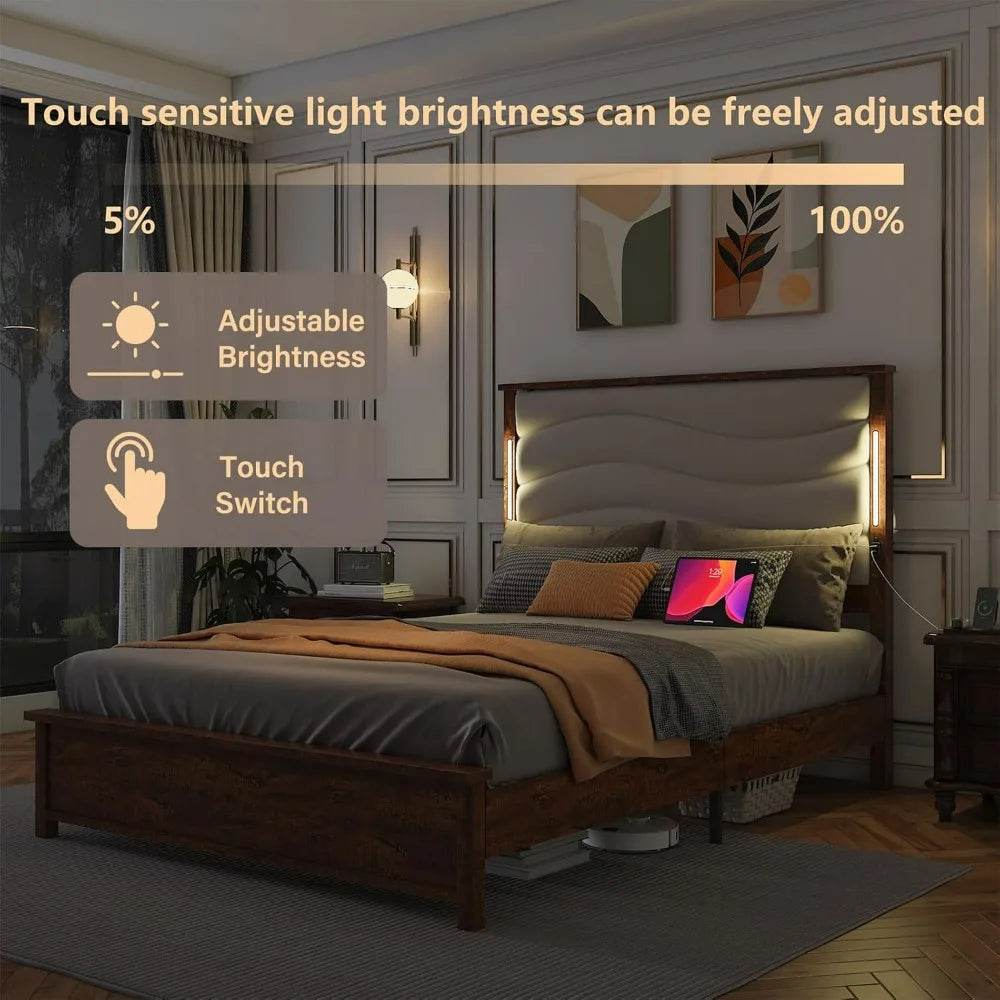 Tall Headboard Queen Bed Frame, Storage&Led Lights & Charging Station, Noise - Free/No Box Spring Needed, Metal Platform Bed Frame - Sleep Galleria - Sleep Galleria