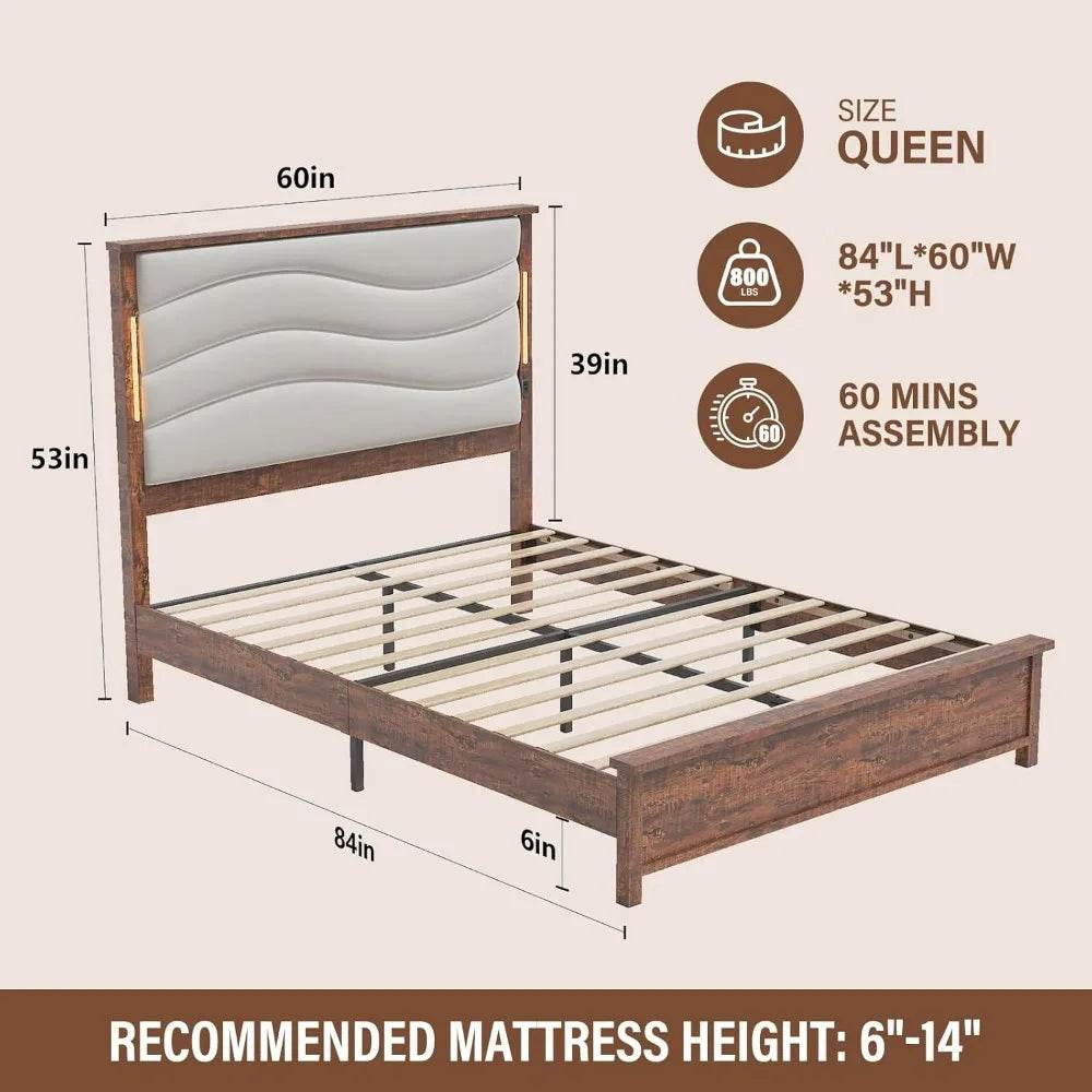 Tall Headboard Queen Bed Frame, Storage&Led Lights & Charging Station, Noise - Free/No Box Spring Needed, Metal Platform Bed Frame - Sleep Galleria - Sleep Galleria