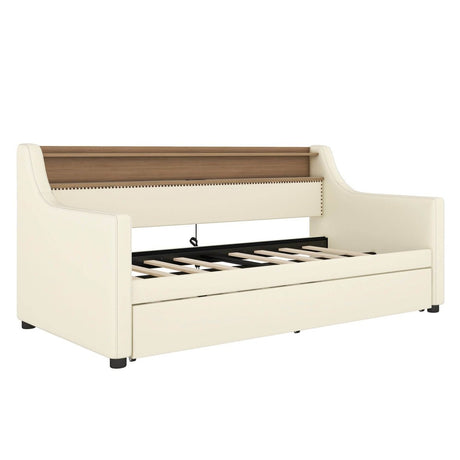 Twin PU Leather Daybed With Trundle Charging Station And LED Light - Slumberine - Sleep Galleria