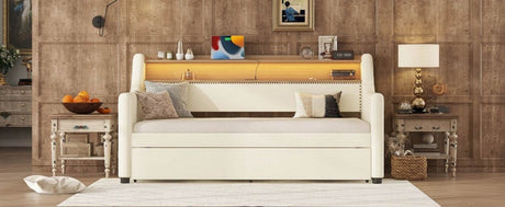 Twin PU Leather Daybed With Trundle Charging Station And LED Light - Slumberine - Sleep Galleria