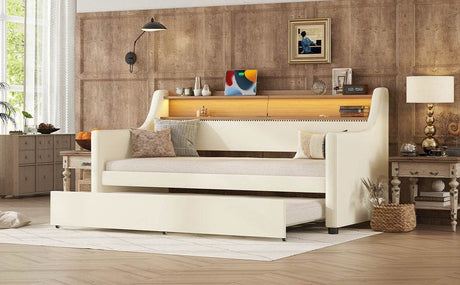 Twin PU Leather Daybed With Trundle Charging Station And LED Light - Slumberine - Sleep Galleria