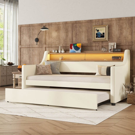 Twin PU Leather Daybed With Trundle Charging Station And LED Light - Slumberine - Sleep Galleria