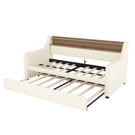 Twin PU Leather Daybed With Trundle Charging Station And LED Light - Slumberine - Sleep Galleria