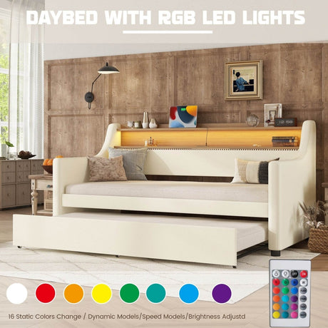Twin PU Leather Daybed With Trundle Charging Station And LED Light - Slumberine - Sleep Galleria