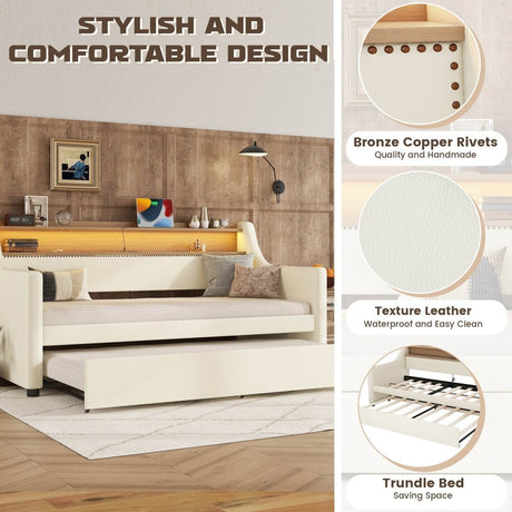 Twin PU Leather Daybed With Trundle Charging Station And LED Light - Slumberine - Sleep Galleria